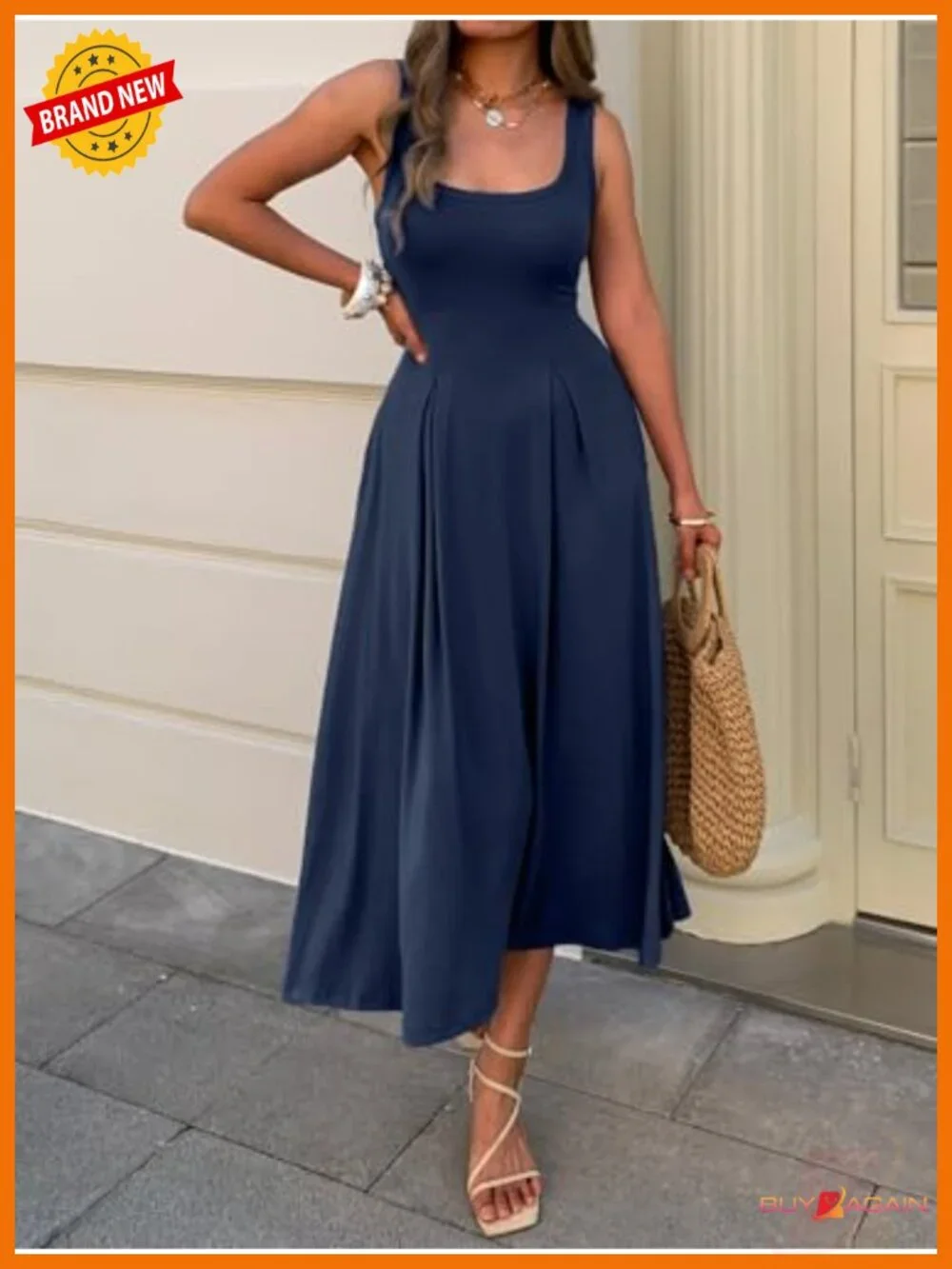 Sleeveless Empire Maxi Dress Square Neck A-Line Pleated Flowy with Pockets